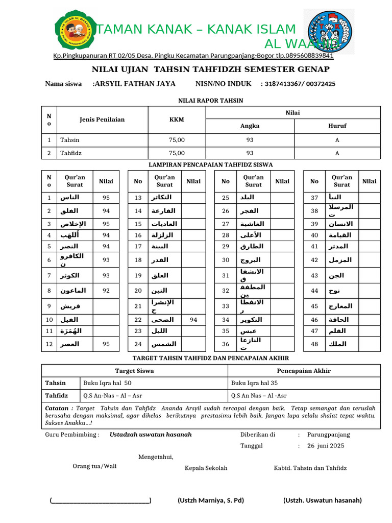 Nilai Ujian Tahsin dan Tahfidz Siswa | PDF