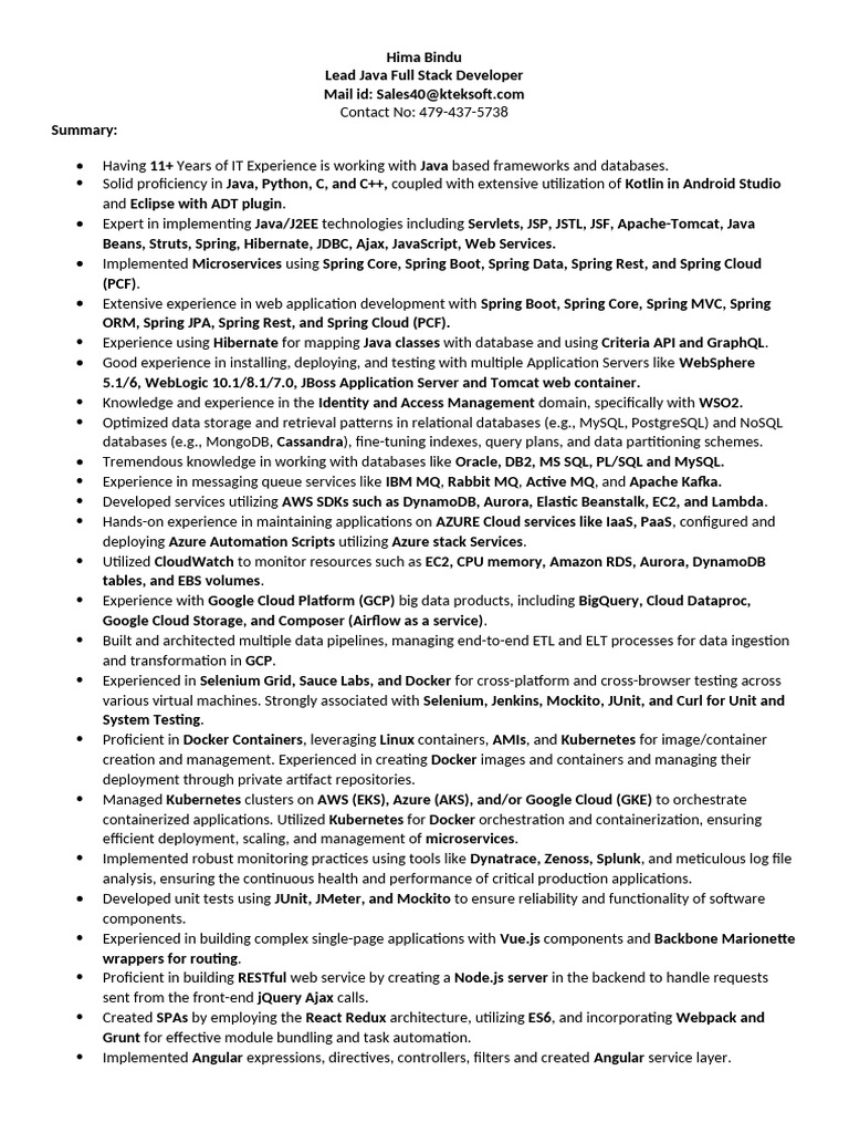 Lead Java Full Stack Developer Profile | PDF | Spring Framework | Java ...
