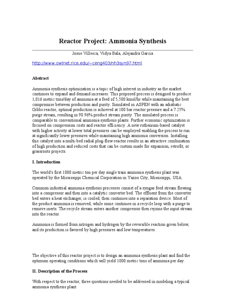Reactor Project Ammonia Synthesis | PDF | Nuclear Reactor | Temperature
