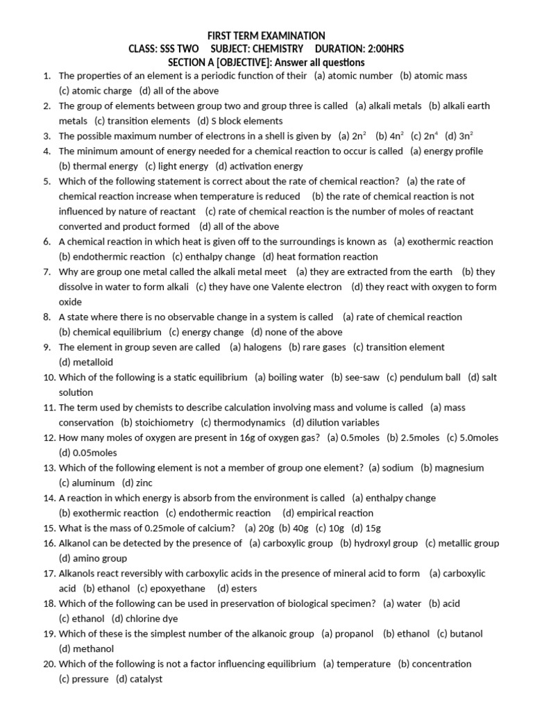 First Term Exam Chem SS2 | PDF | Chemical Reactions | Chemistry