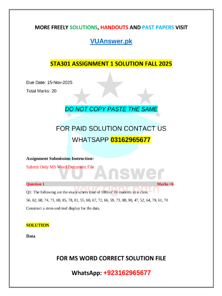 STA301 Assignment 1 Correct Solution Fall 2025 | PDF