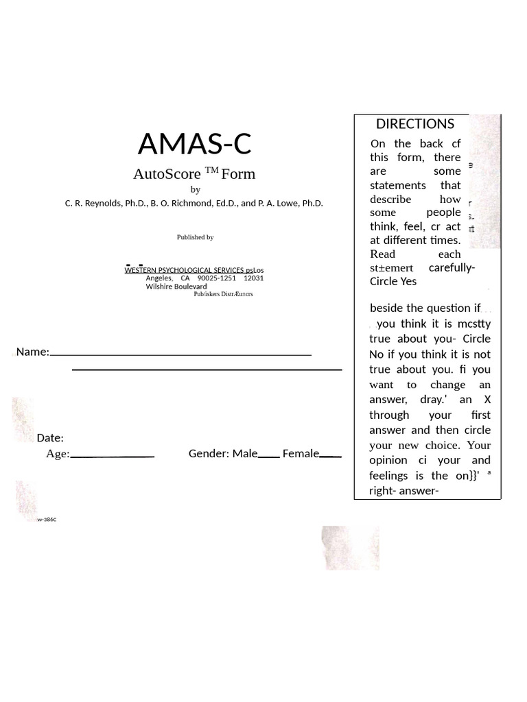 AMAS-C Test Anxiety Assessment Form | PDF | Psychology