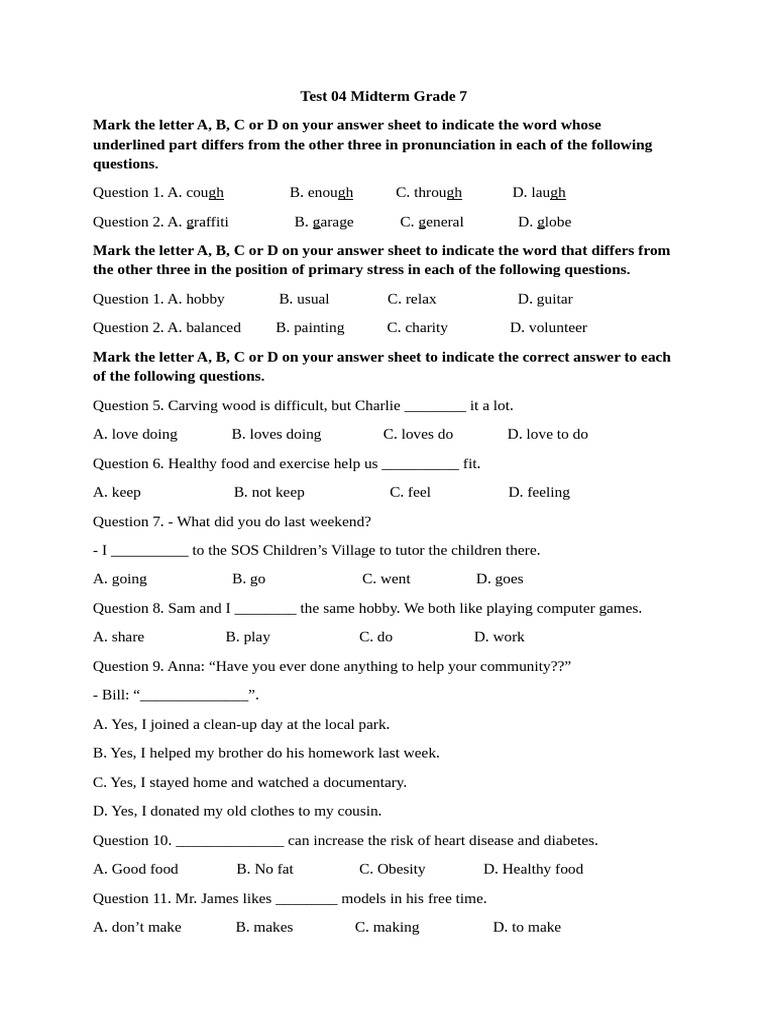Grade 7 Midterm Test: Pronunciation & Grammar | PDF | Sleep | Adolescence