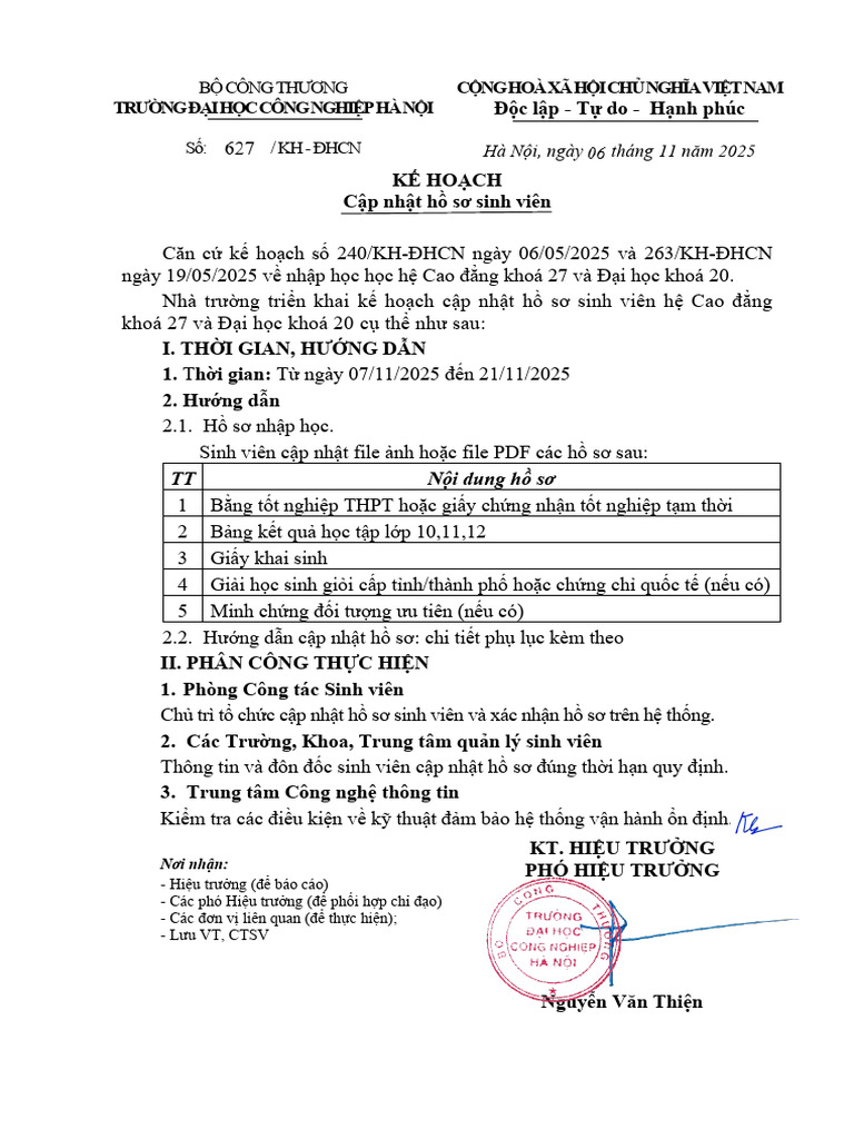 Ke Hoach Cap Nhat Ho So Sinh Vien DH k20 Va CD k27 | PDF