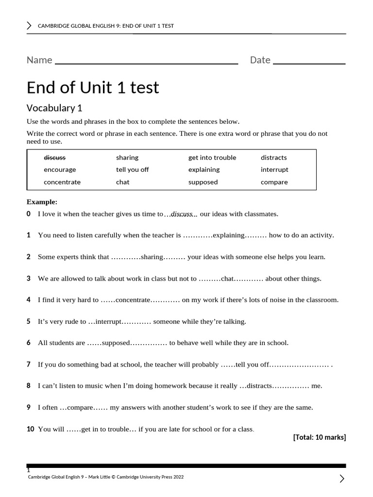 Cambridge Global English 9 Unit 1 Test | PDF | English Language