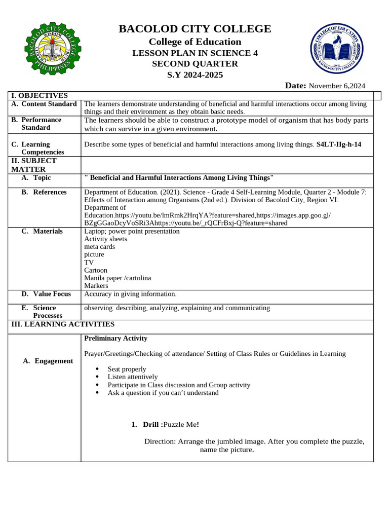 Science 4 Lesson Plan: Organism Interactions | PDF | Parasitism | Learning