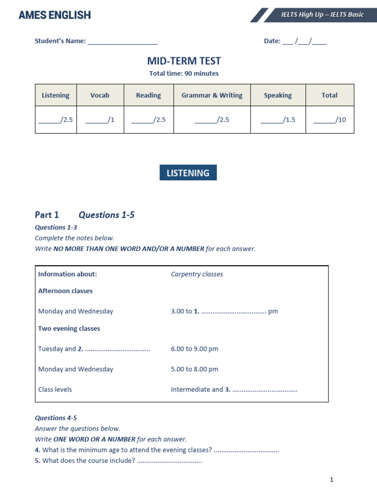 IELTS Mid-Term Test: Listening & Reading | PDF | Sea | Marine Biology