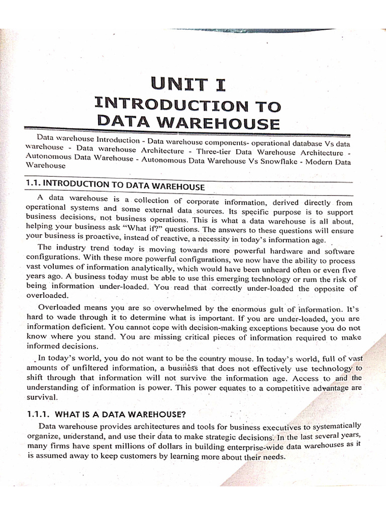Data Warehouse Unit 1 Notes | PDF