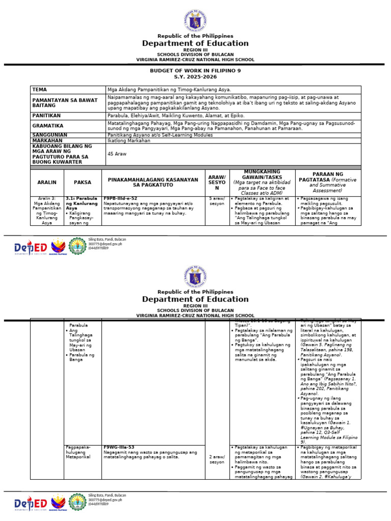 Q3 Filipino 9 Budget of Work BOW | PDF