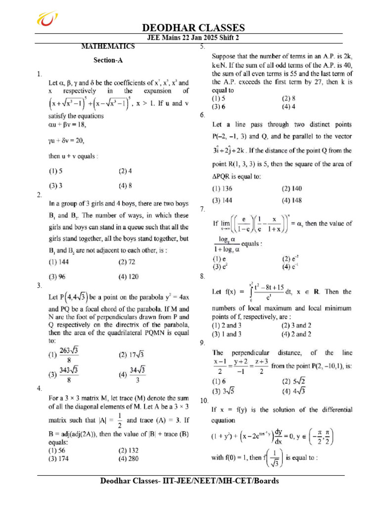 JEE Mains 22 Jan 2025 Shift 2 | PDF | Chess Theory | Chess
