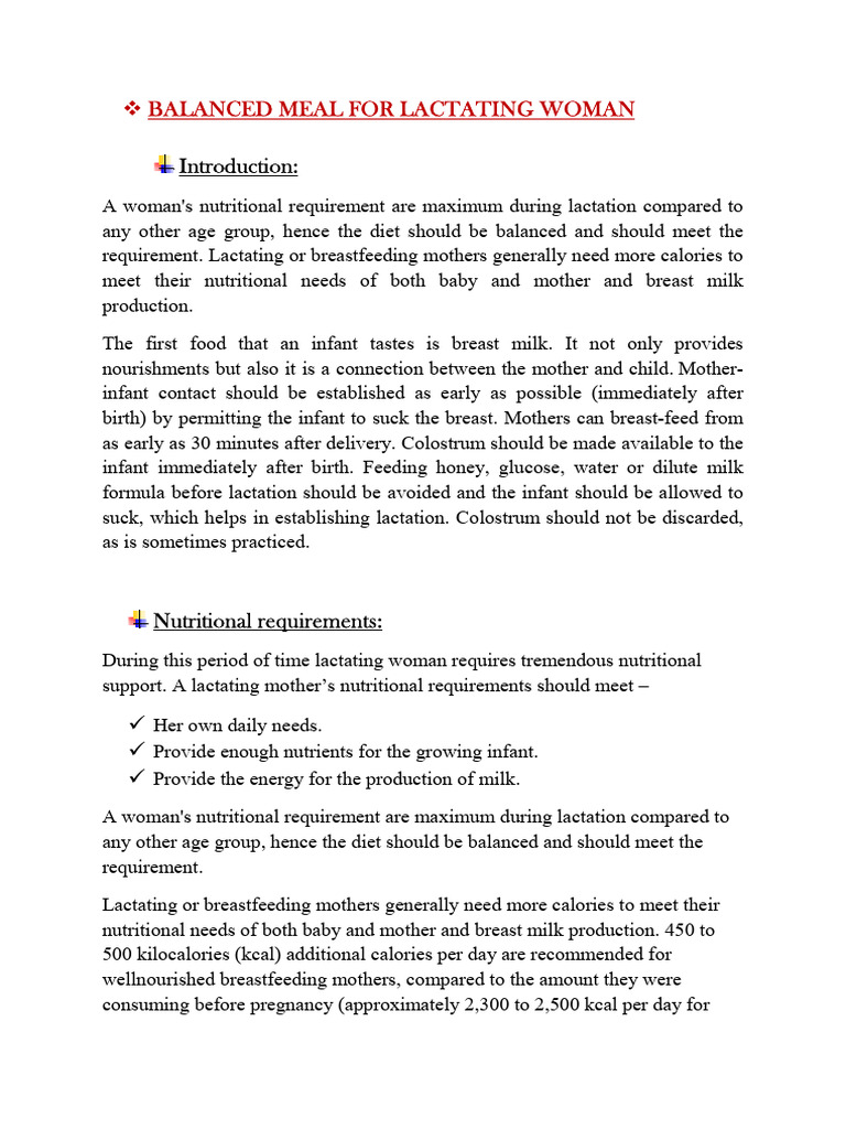 Balanced Meal For Lactating Woman | PDF | Breastfeeding | Breast Milk