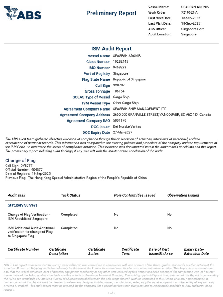 Seaspan Adonis - SMC Prelim Report | PDF | Audit | Water Transport