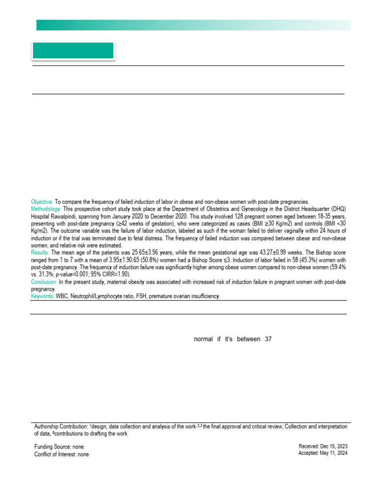 Comparison of The Frequency of Failed Induction of Labor in Obese ...