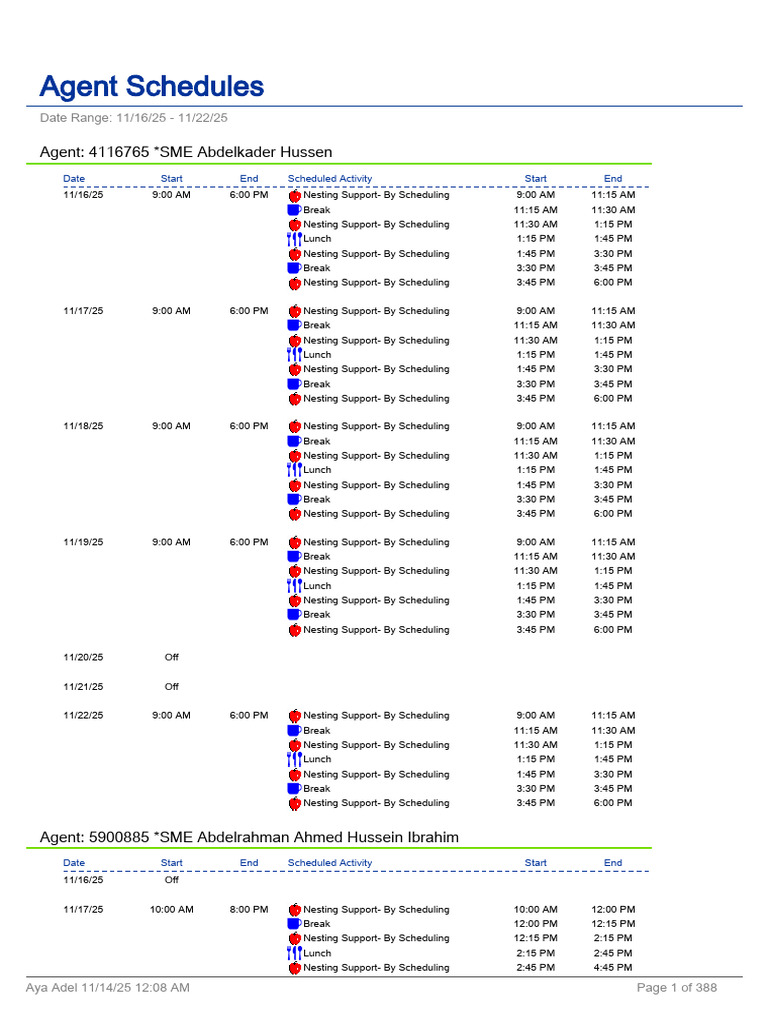 Weekly Agent Schedule: Nov 16-22, 2025 | PDF