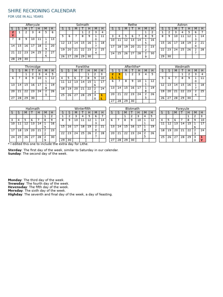 Shire Reckoning Calendar Overview | PDF | Liturgical Calendar ...