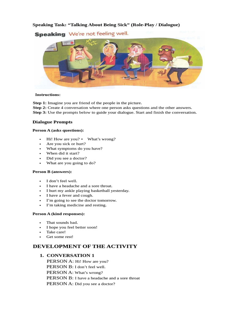Speaking Task Feeling Sick Dialogues - DEVELOPMENT of The ACTIVITY | PDF