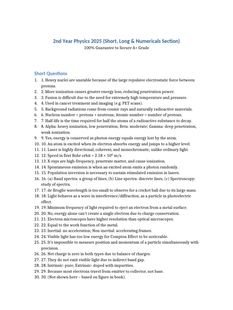 2nd Year Physics A+ Guide 2025 | PDF | Inductor | Atoms