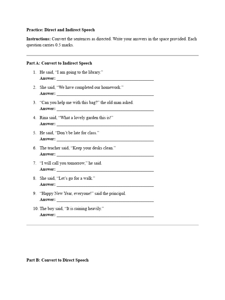 Direct Indirect Speech Practice Worksheet | PDF
