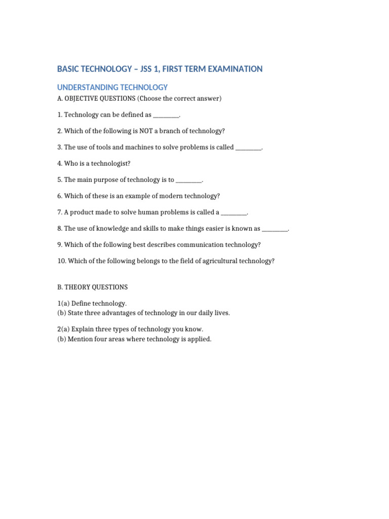 JSS 1 Basic Technology Exam Guide | PDF | Wood | Hardwood