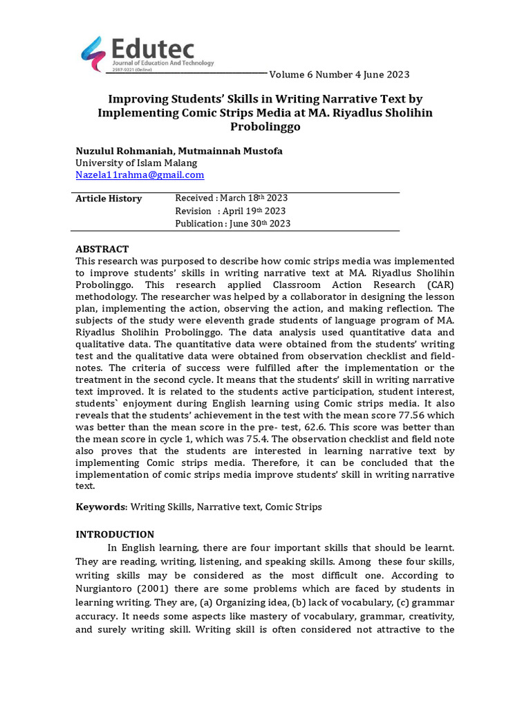 Improving Students' Skills in Writing Narrative Text by Implementing ...