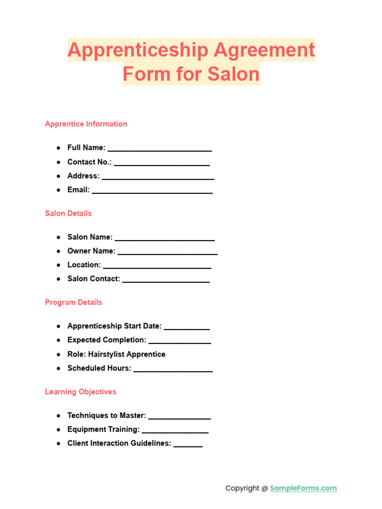 Apprenticeship Agreement Form For Salon | PDF