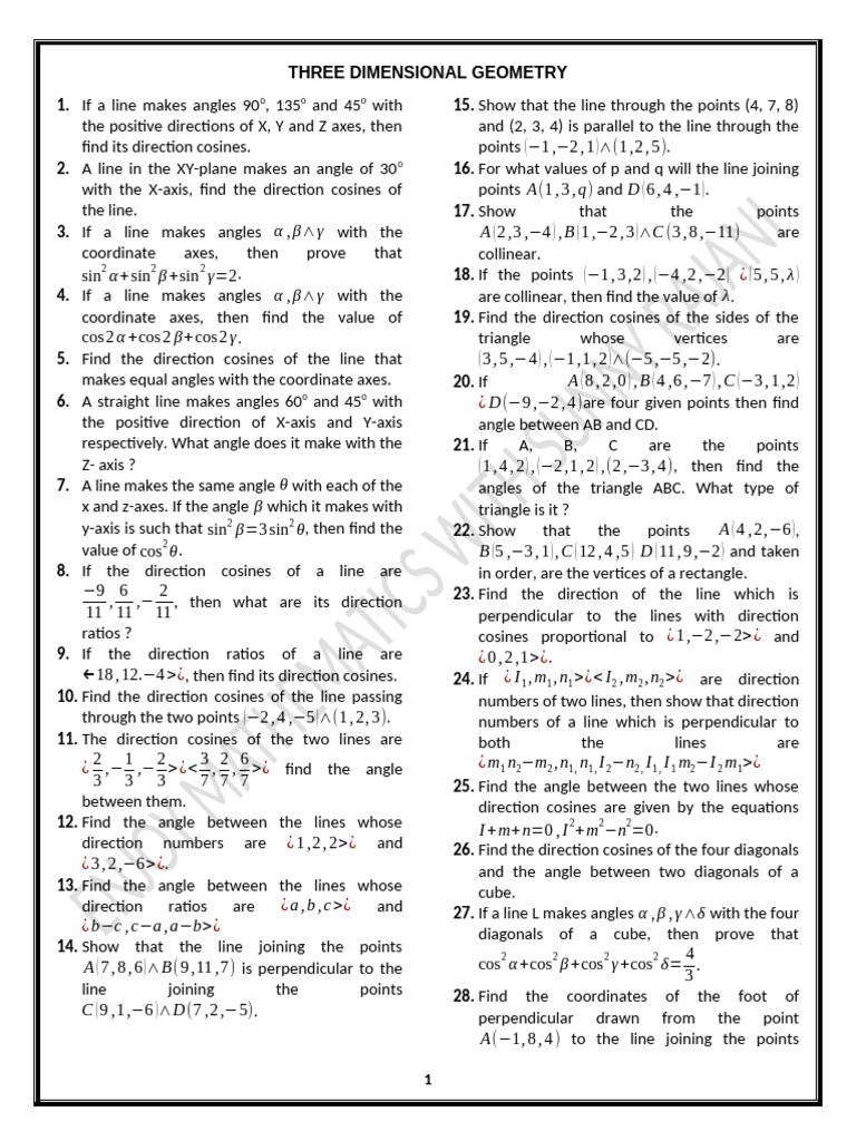 Three Dimensional Geometry -02.01.2023 | PDF | Line (Geometry ...