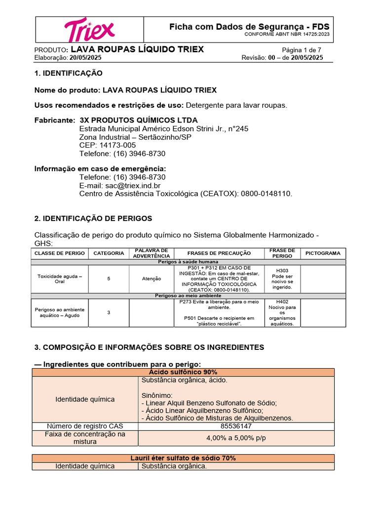 Ficha de Segurança Lava Roupas Triex | PDF | Hidróxido de sódio ...
