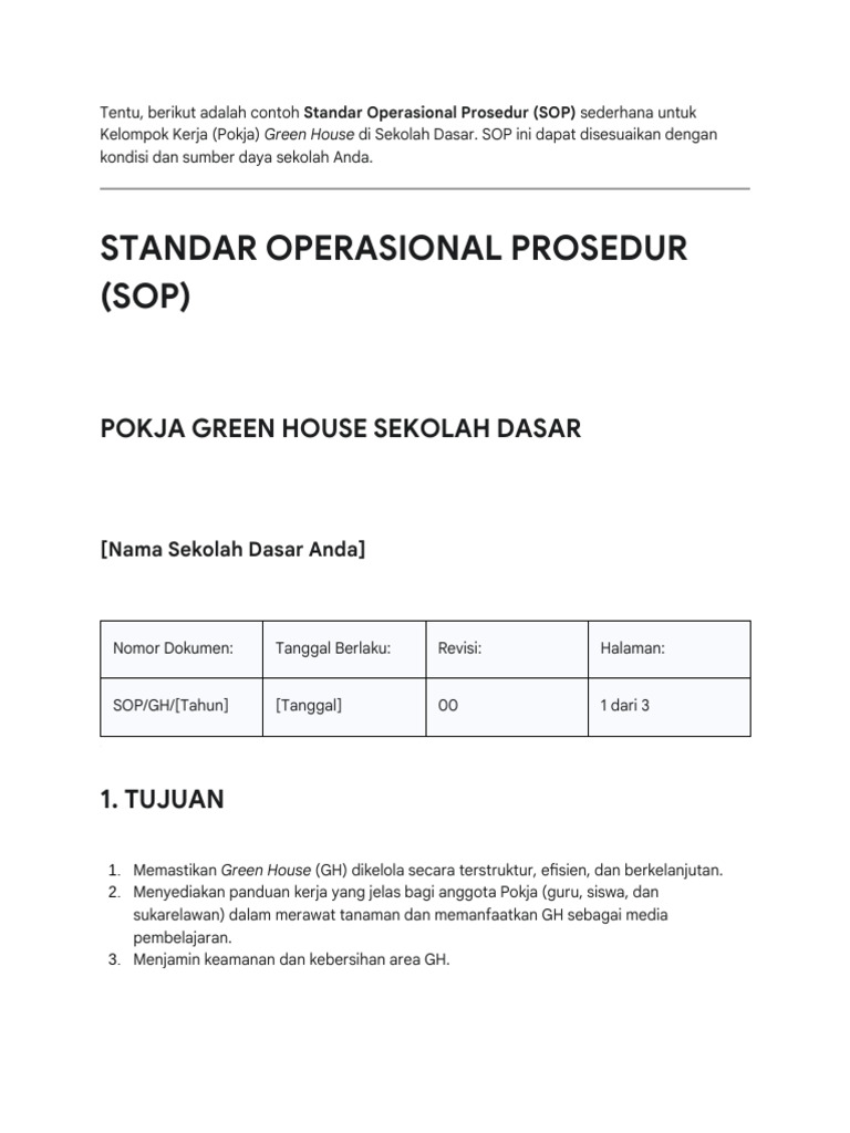 SOP Pokja Green House Sekolah Dasar | PDF