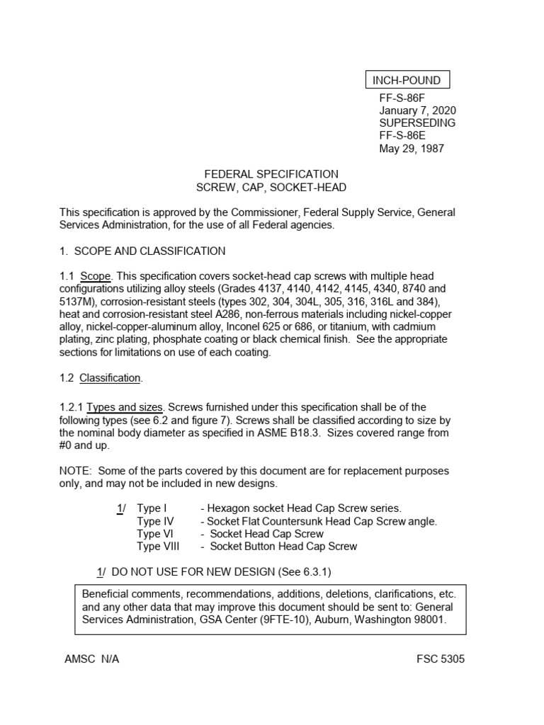 Federal Specification for Socket-Head Screws | PDF | Screw | Stainless ...