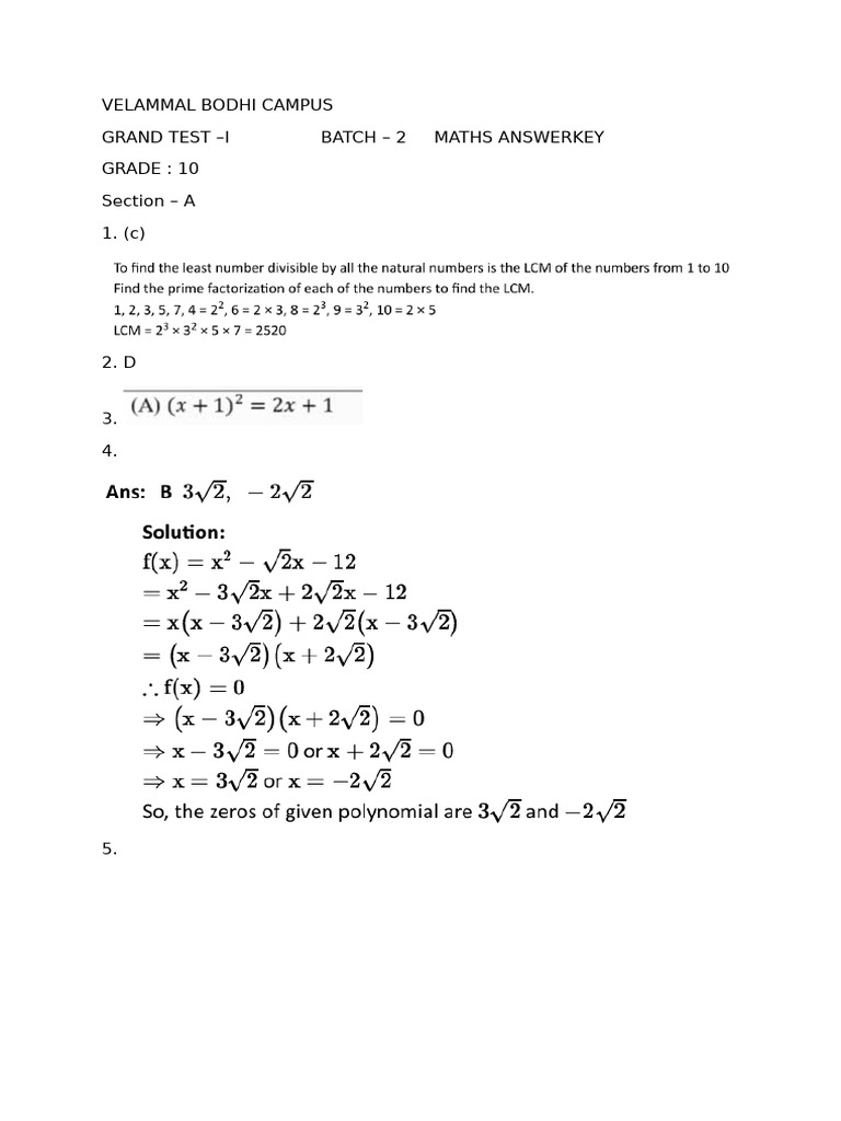 Grade 10 Maths Answer Key - Test 1 | PDF