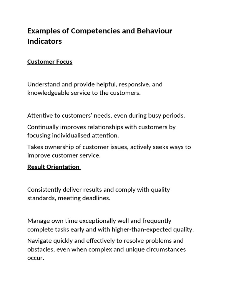 Examples of Competencies and Behaviour Indicators | PDF | Social ...