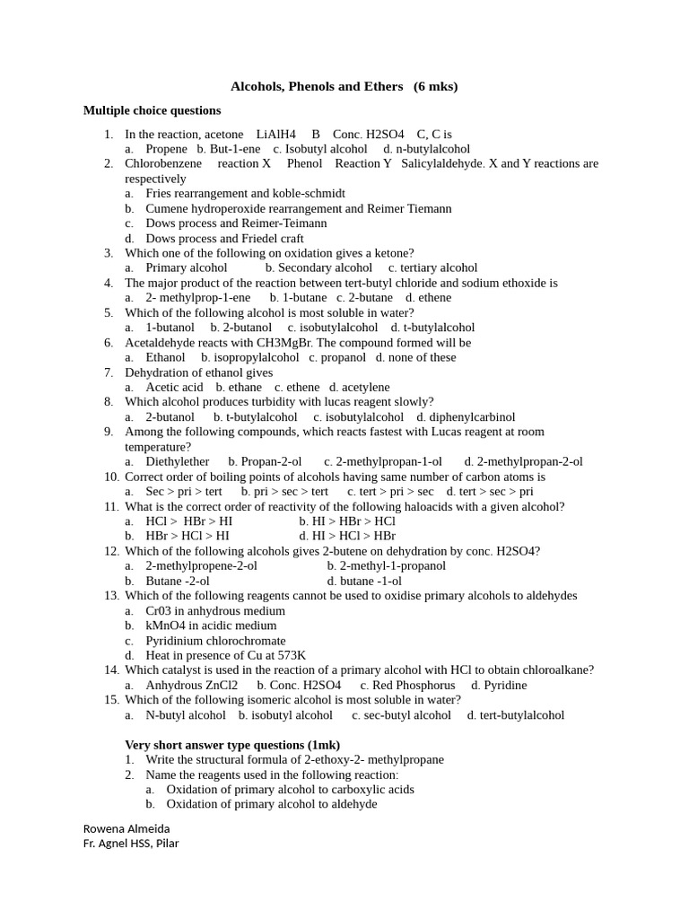 Alcohols, Phenols, and Ethers Quiz | PDF | Ether | Ethanol