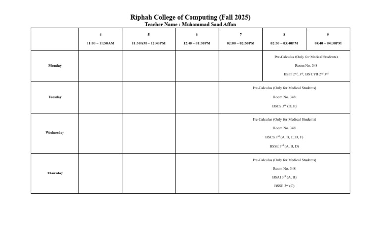Fall 2025 Pre-Calculus Schedule | PDF