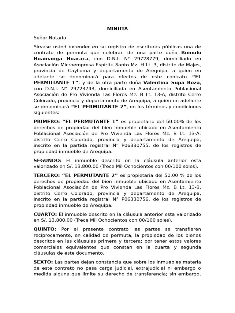 Contrato de Permuta de Inmuebles en Arequipa | PDF