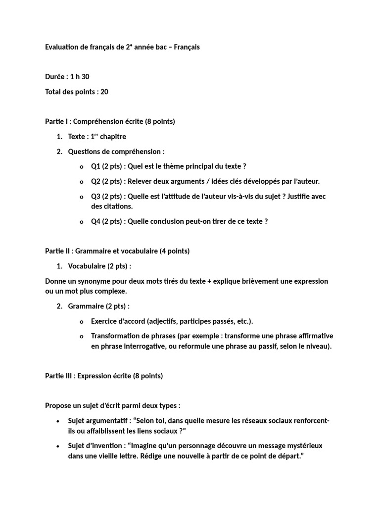 Évaluation de français 2ᵉ année bac | PDF