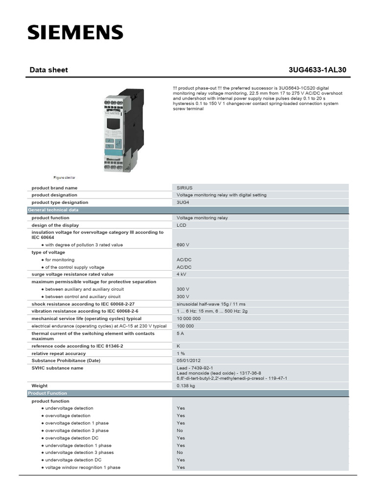 Siemens Voltage Monitoring Relay 3UG4633 | PDF | Relay | Alternating ...