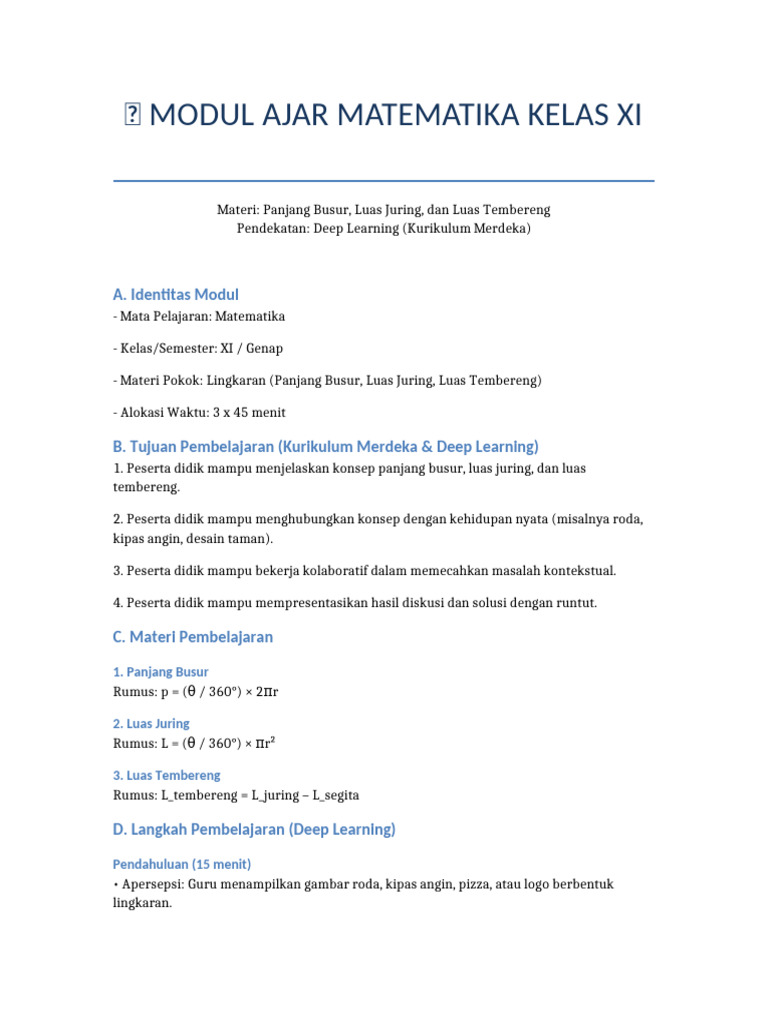 Modul Ajar Matematika Kelas XI: Lingkaran | PDF