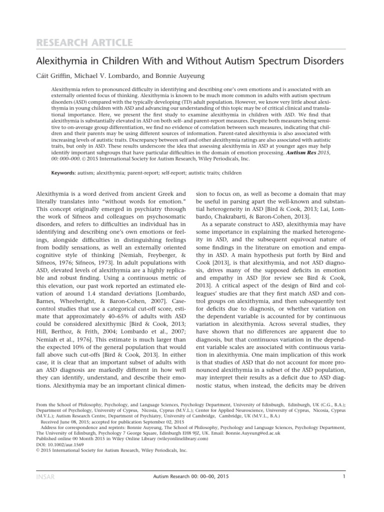 Alexithymia in Children With and Without Autism Spectrum Disorders ...
