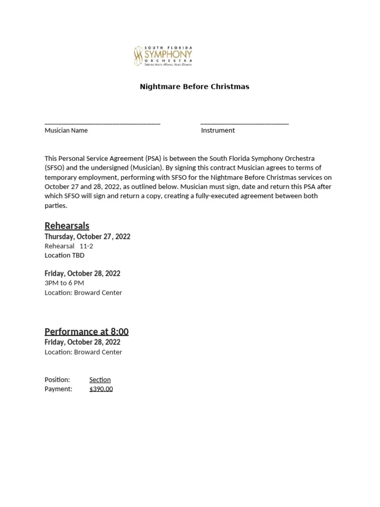 Nightmare Before Christmas Musician Contract | PDF | Employment | Labor