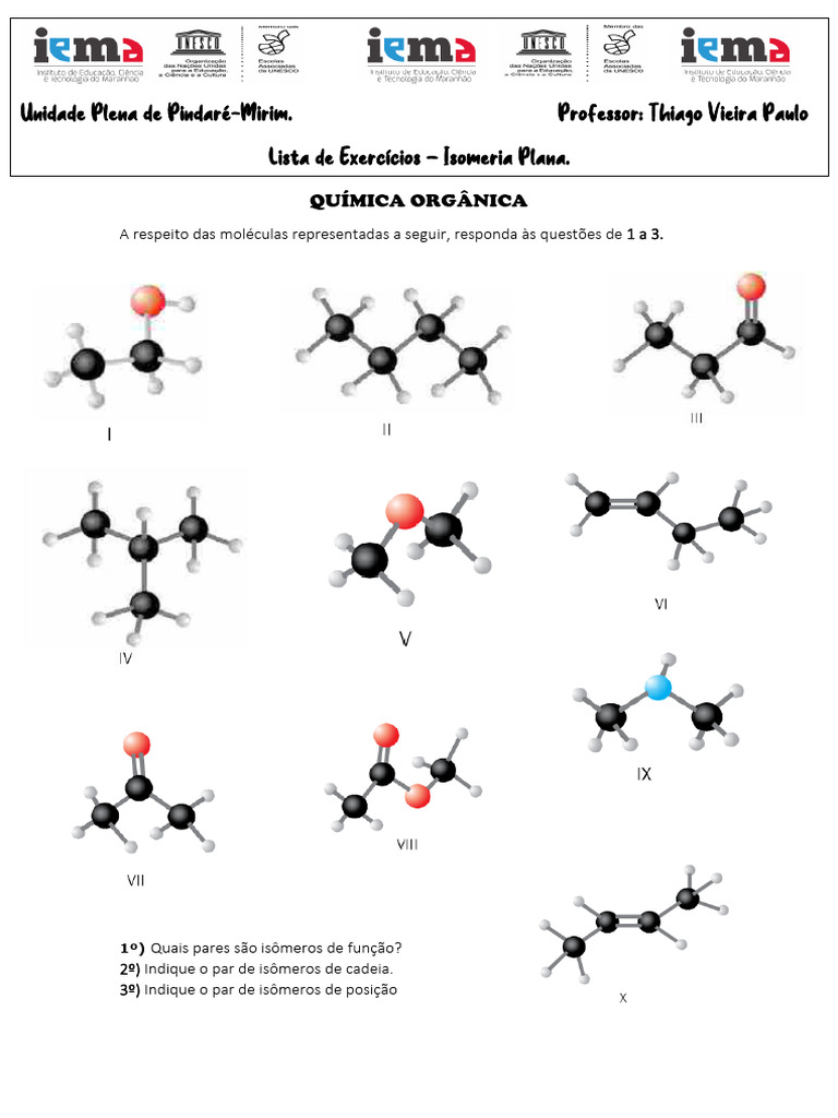 Lista de Exercicios Isomeria Plana | PDF | Isômero | Substancias químicas