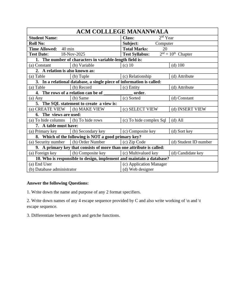2nd Year Nov 3 Test Computer | PDF