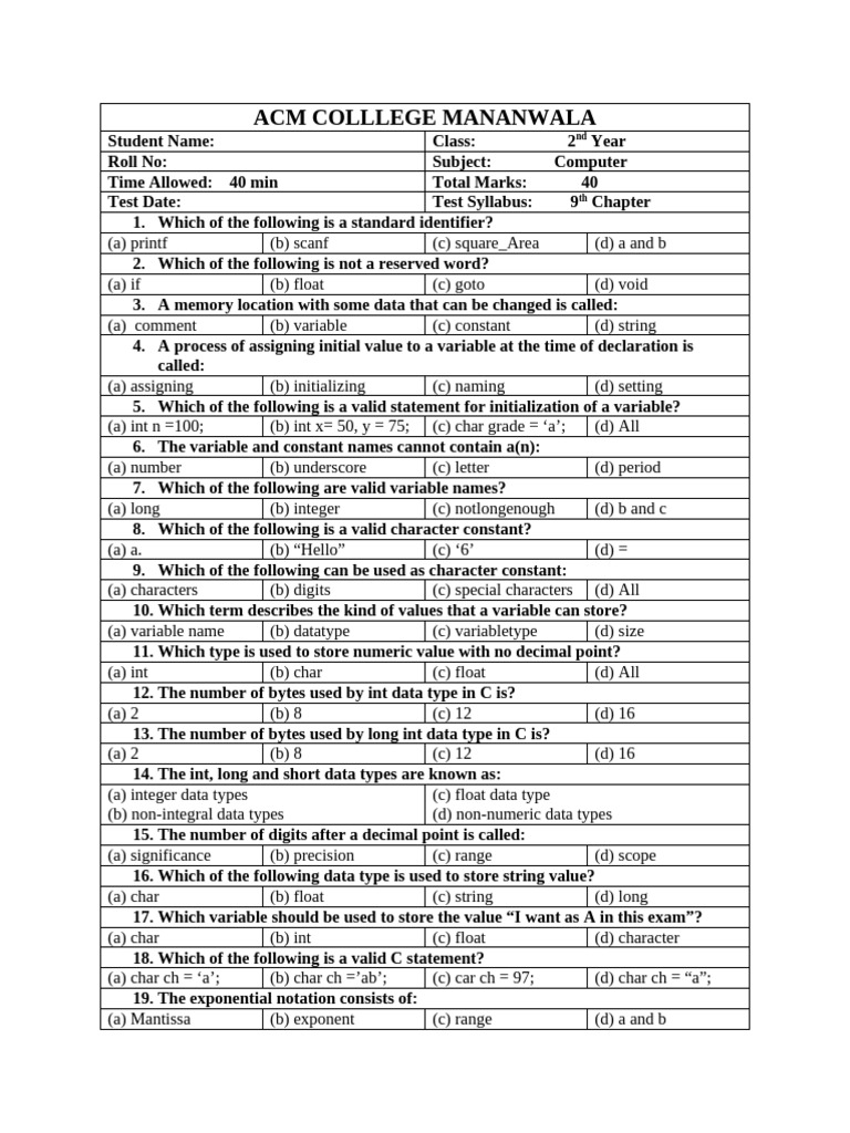 C Programming Test Questions and Answers | PDF | Integer (Computer ...