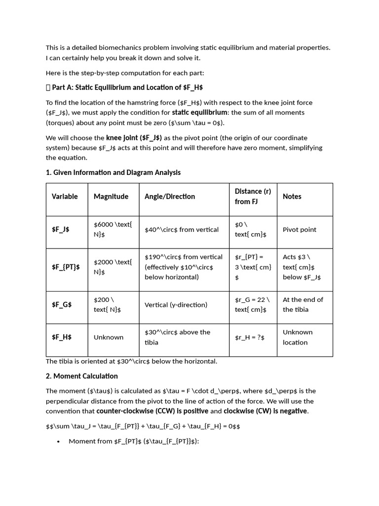 This Is A Detailed Biomechanics Problem Involving Static Equilibrium ...