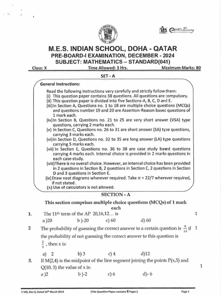 Mathematics Standard Set A 2024 | PDF
