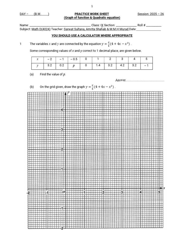 Class IX (2025-26) PWS F. Graph, Q. Eqn. | PDF | Equations ...