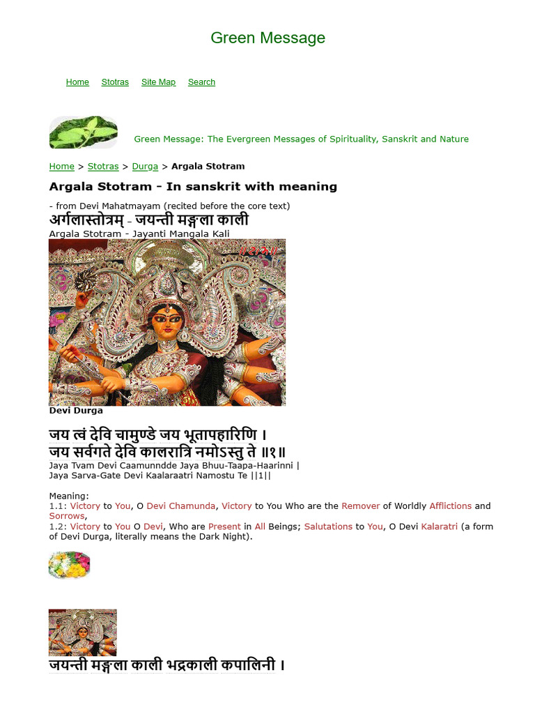Argala Stotram: Sanskrit Prayer Meaning | PDF | Devi | Kali