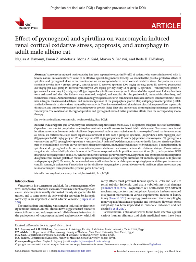 Pycnogenol & Spirulina Protect Against Vancomycin Nephrotoxicity | PDF ...