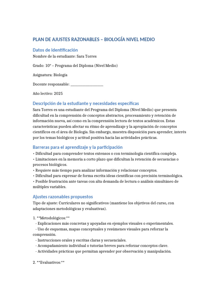 Ajustes Razonables en Biología para Sara | PDF | Aprendizaje | Memoria