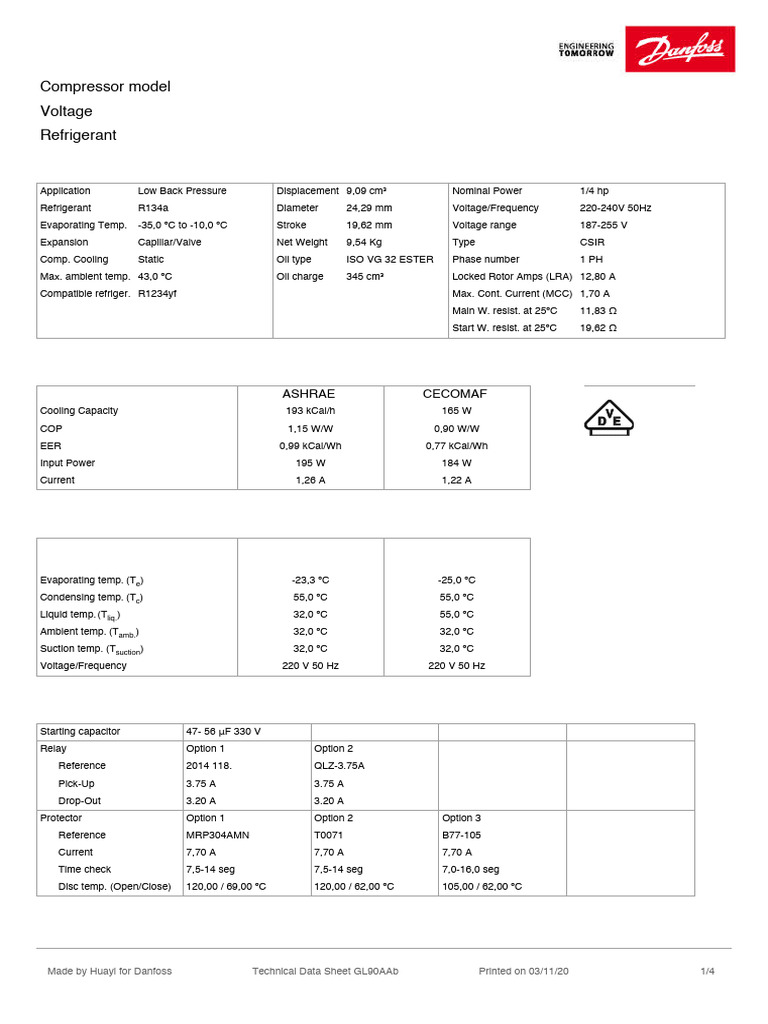 GL90AAb Compressor Technical Data Sheet | PDF | Manufactured Goods ...
